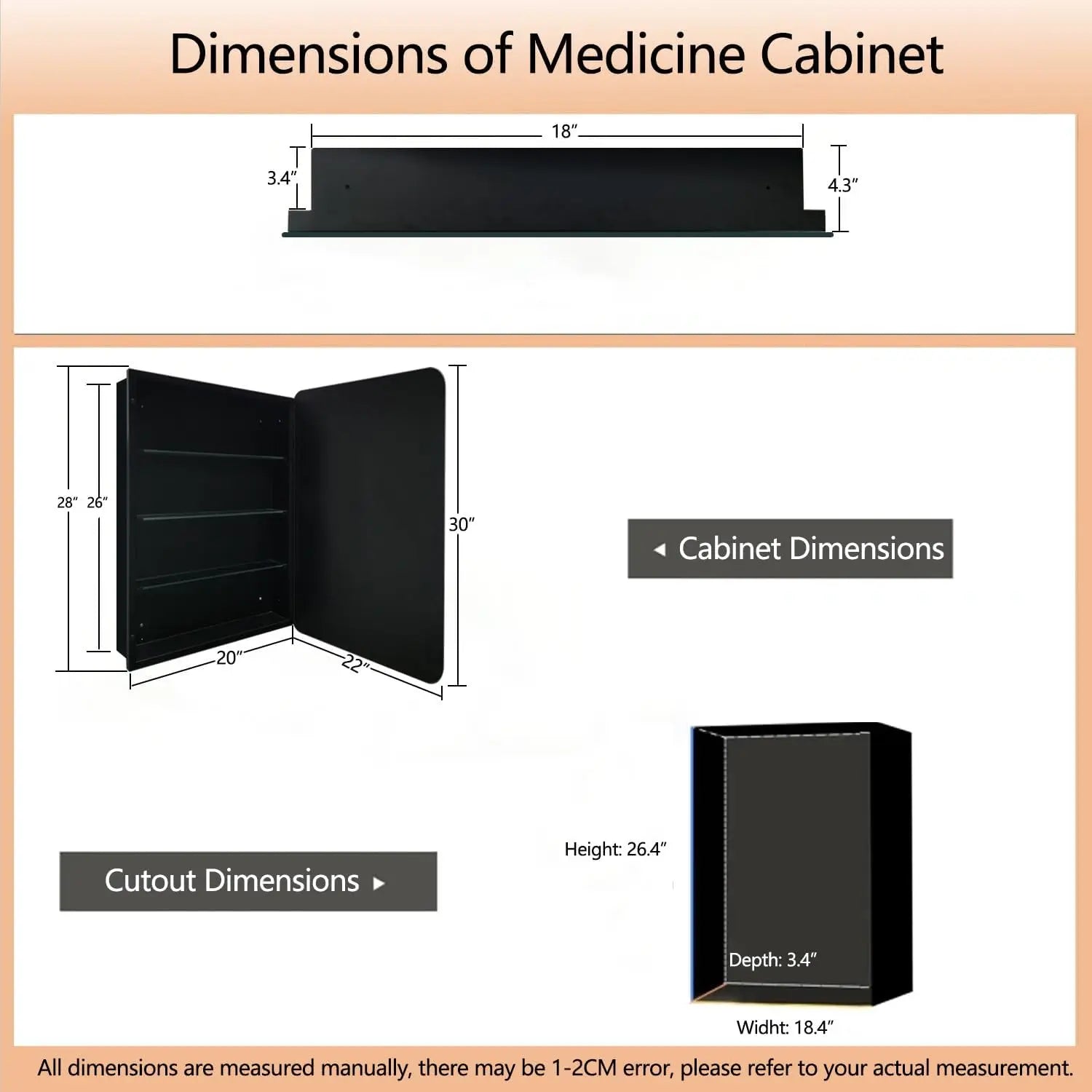 Frameless Bathroom Medicine Cabinet with Mirror - Rectangular Beveled Vanity Mirrors with Tilting Function, with Surface or Recessed Mounting Installation