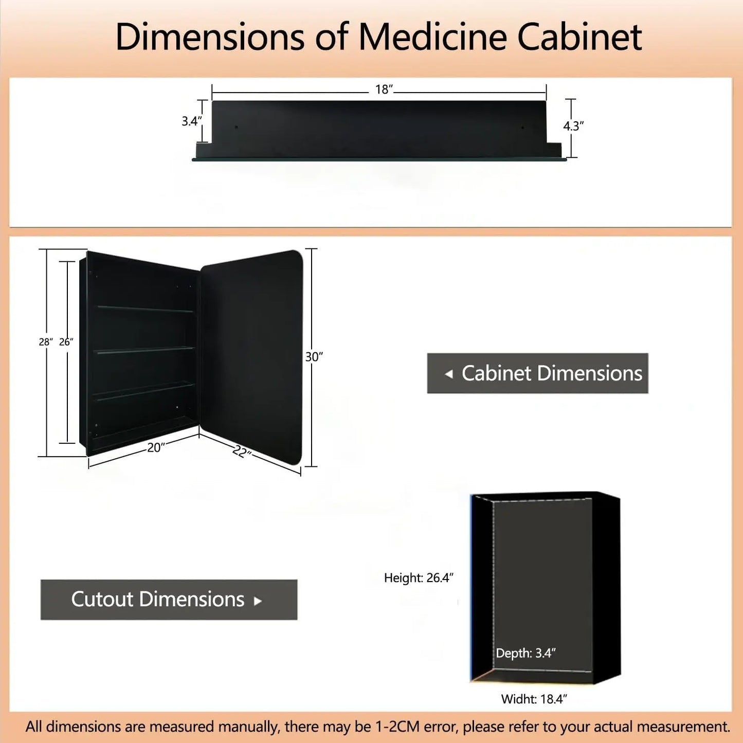 Frameless Bathroom Medicine Cabinet with Mirror - Rectangular Beveled Vanity Mirrors with Tilting Function, with Surface or Recessed Mounting Installation