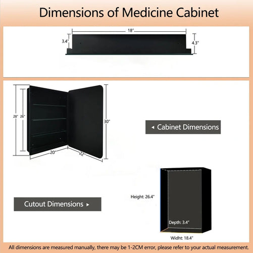 Frameless Bathroom Medicine Cabinet with Mirror - Rectangular Beveled Vanity Mirrors with Tilting Function, with Surface or Recessed Mounting Installation