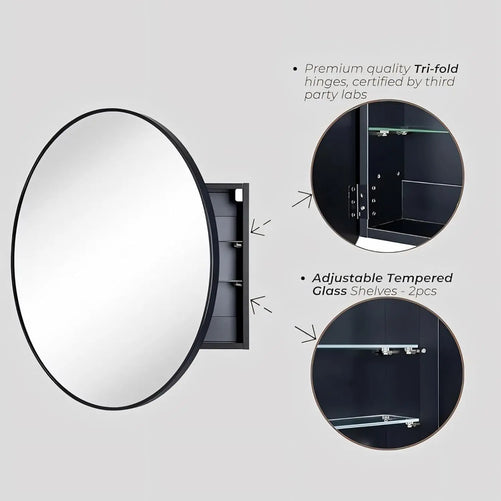 Round Framed Bathroom Medicine Cabinet Mirror with Storage – Stainless Steel Black Circle Medicine Cabinet with Mirror, Stylish and Functional Design for Modern Bathrooms