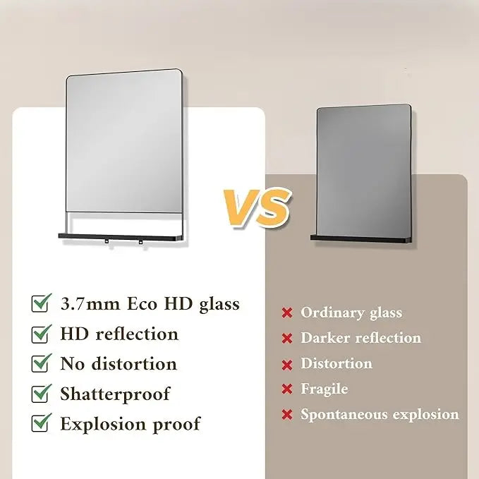 Metal Framed Vanity Mirror with Shelf – Rounded Rectangle Wall Mirror, Functional & Stylish for Bathroom, Farmhouse, Living Room, or Bedroom, Perfect Accent for Modern Home Décor