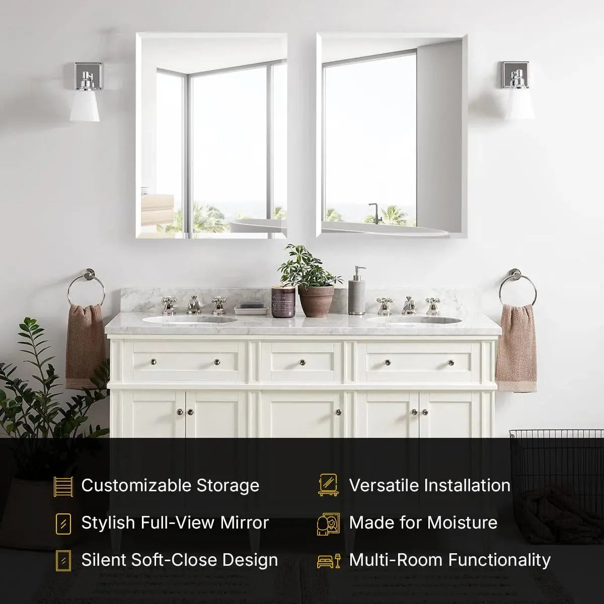 Bathroom or Vanity Medicine Cabinet with Single Door – Frameless Beveled Mirror, Rectangular Wall-Mounted Cabinet for Bathroom, Toilet, or Kitchen, Recessed/Surface Mount