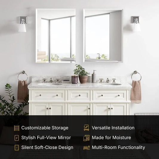 Bathroom or Vanity Medicine Cabinet with Single Door – Frameless Beveled Mirror, Rectangular Wall-Mounted Cabinet for Bathroom, Toilet, or Kitchen, Recessed/Surface Mount