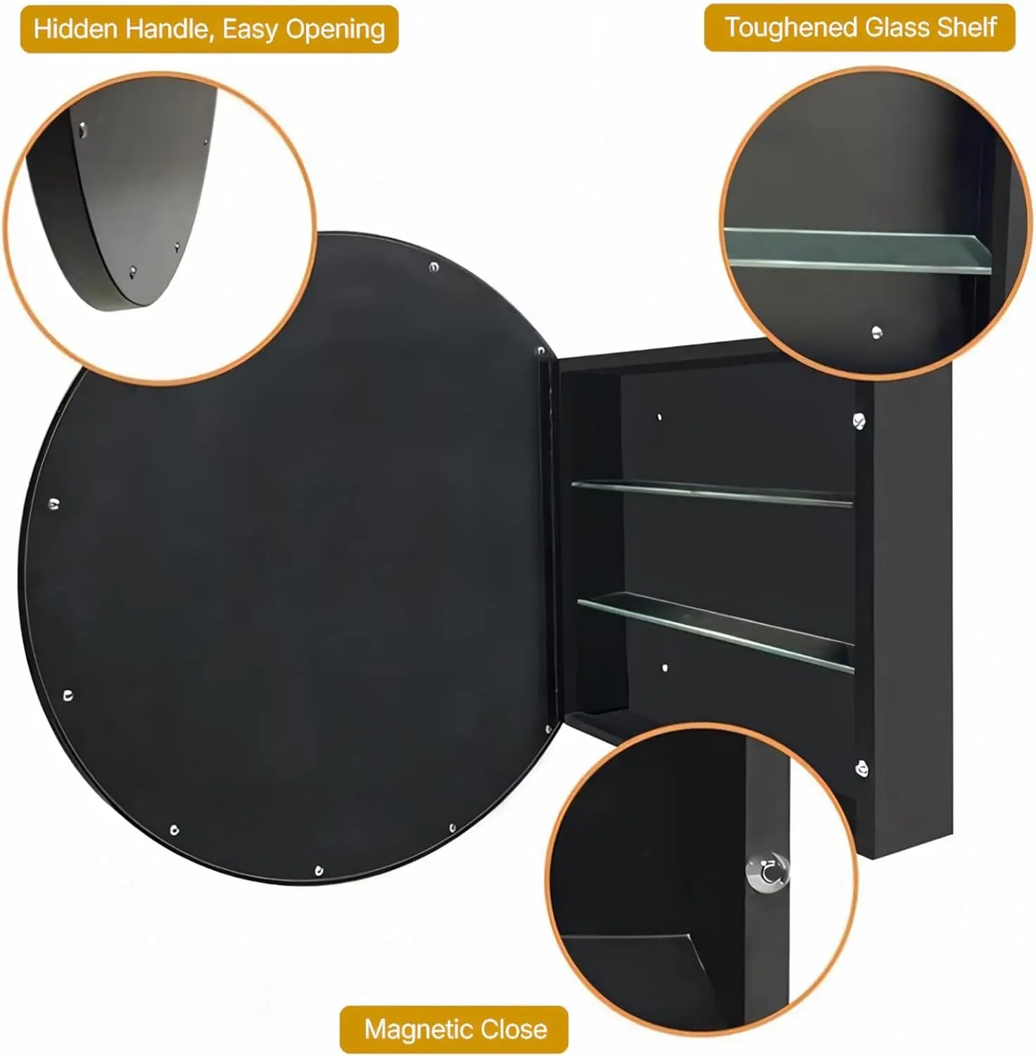 Round Framed Bathroom Medicine Cabinet Mirror with Storage – Stainless Steel Black Circle Medicine Cabinet with Mirror, Stylish and Functional Design for Modern Bathrooms