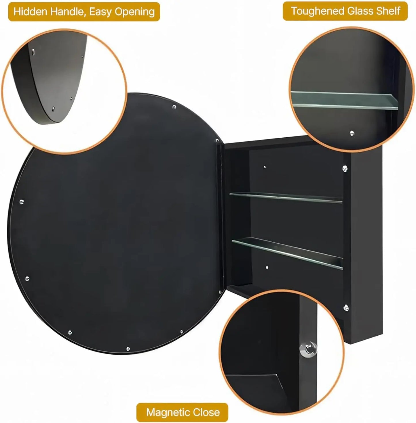 Round Framed Bathroom Medicine Cabinet Mirror with Storage – Stainless Steel Black Circle Medicine Cabinet with Mirror, Stylish and Functional Design for Modern Bathrooms