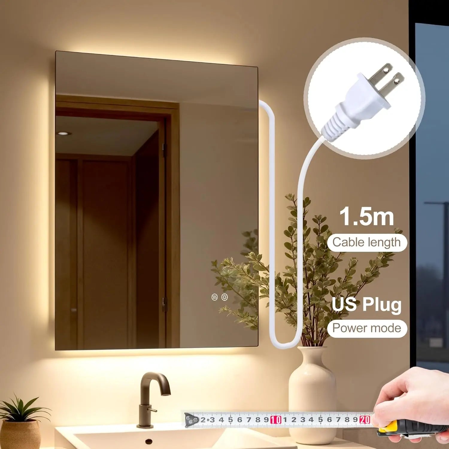 LED Backlit Bathroom Vanity Mirror – Anti-Fog Lighted Vanity Mirror, Stepless Dimmable, CRI 90+, IP54 Waterproof, Wall Mounted, Horizontal or Vertical Installation for Modern Bathroom