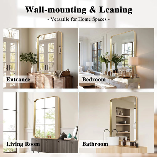 Framed Bathroom Wall Mirror with Non-Rusting Aluminum Alloy in Brushed Metal Finish – Stylish Modern Farmhouse Design for Bedroom, Living Room, or Bathroom