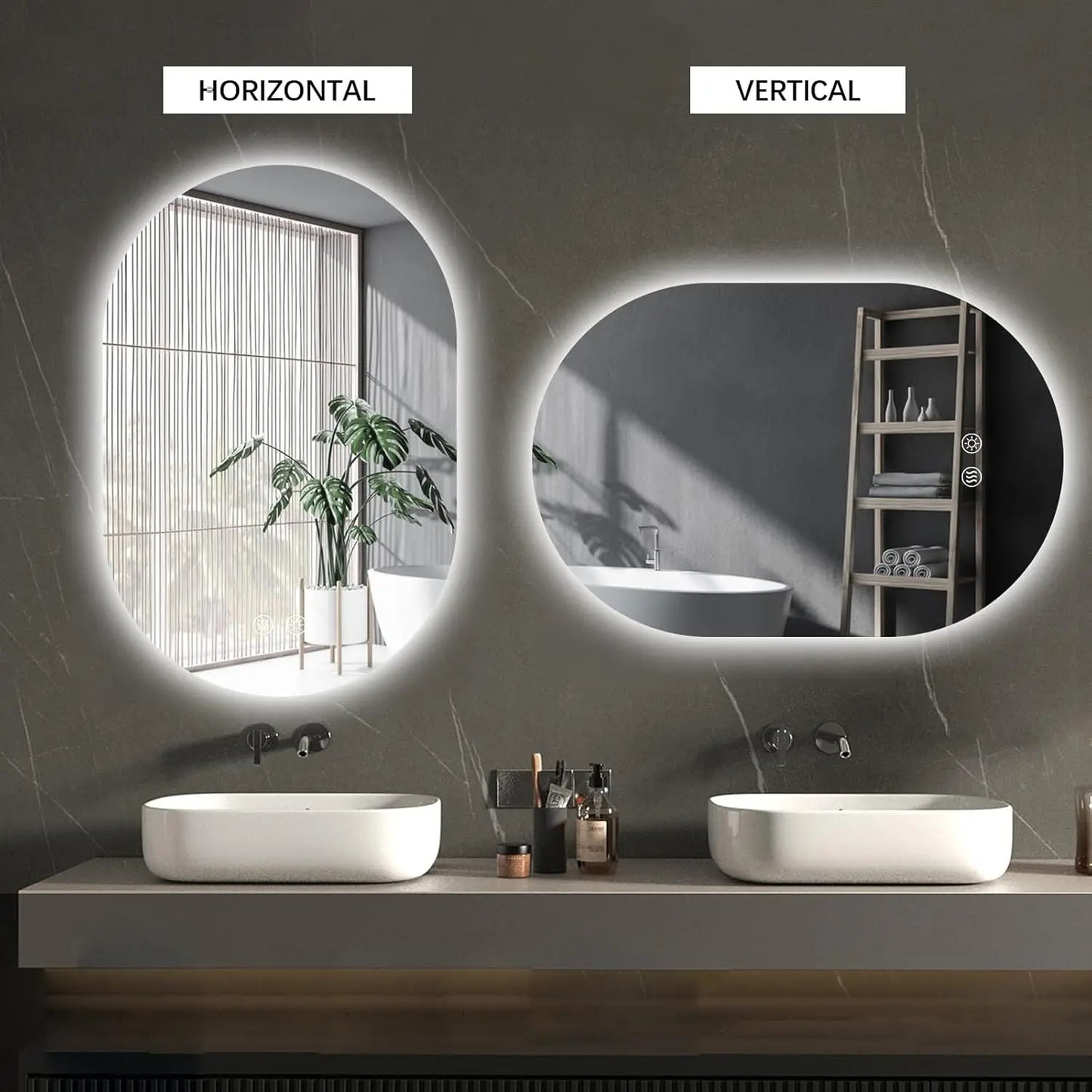 Oval LED Bathroom Vanity Mirror – Wall-Mounted Lighted Mirror with Anti-Fog, Dimmable Brightness, Touch Sensor, Long Design for Makeup, Usable Horizontally or Vertically