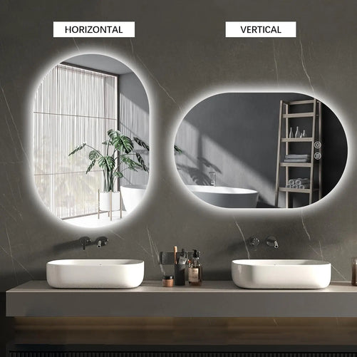 Oval LED Bathroom Vanity Mirror – Wall-Mounted Lighted Mirror with Anti-Fog, Dimmable Brightness, Touch Sensor, Long Design for Makeup, Usable Horizontally or Vertically