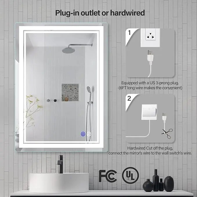 Frameless Rectangular LED Bathroom Vanity Mirror – Anti-Fog, Wall-Mounted, Dimmable Bright Light, 3 Color Temperatures, Modern Design, Touch Control, Ideal for Vanity, Makeup & Grooming