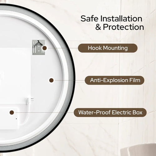 LED Round Bathroom Mirror – 3 Color Modes, Dimmable, Anti-Fog, Modern Design