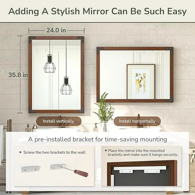 Wood Frame Bathroom Vanity Mirror for Wall – Farmhouse Vanity Mirror for Over Sink, Horizontal/Vertical Mount, Decorative Wooden Mirror for Bathroom, Living Room, Bedroom, Entryway
