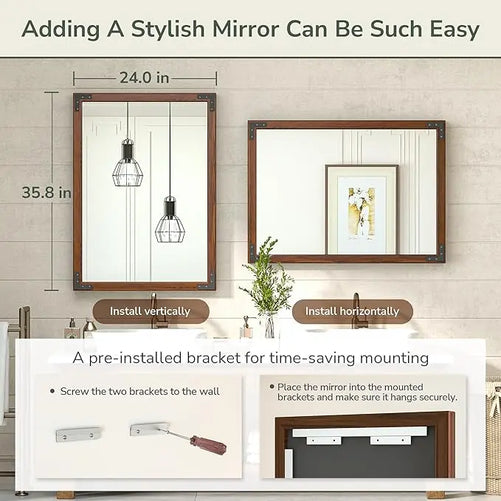 Wood Frame Bathroom Vanity Mirror for Wall – Farmhouse Vanity Mirror for Over Sink, Horizontal/Vertical Mount, Decorative Wooden Mirror for Bathroom, Living Room, Bedroom, Entryway
