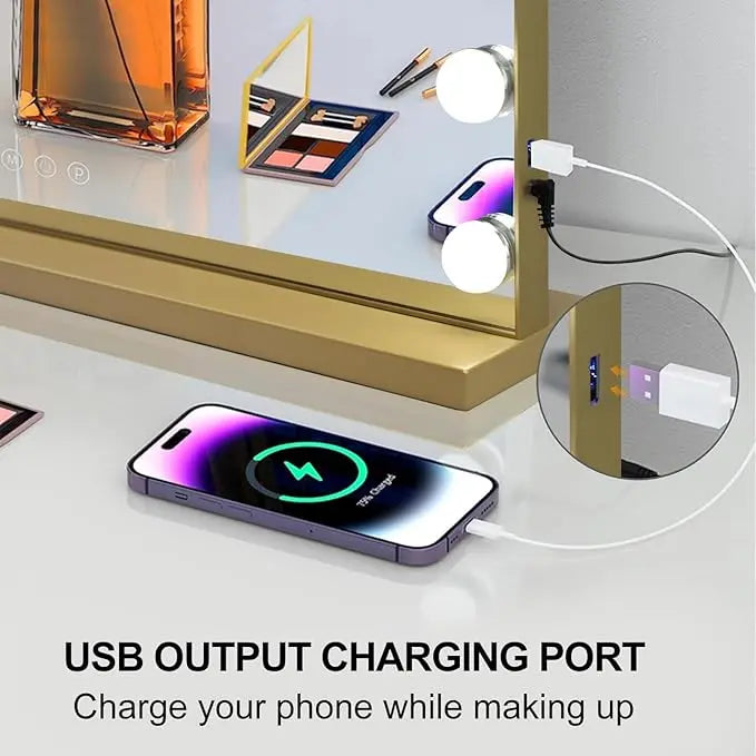 Vanity Mirror with Lights – 15 USB Dimmable Bulbs, 3-Color Modes, Charging Port, Metal Frame, Wooden Base, Hollywood Style Lighted Makeup Mirror with Touch Control