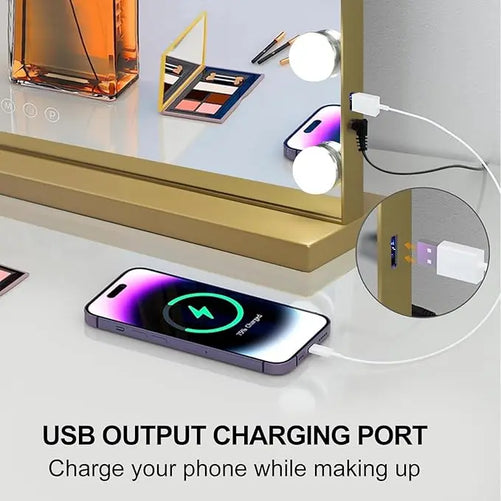 Vanity Mirror with Lights – 15 USB Dimmable Bulbs, 3-Color Modes, Charging Port, Metal Frame, Wooden Base, Hollywood Style Lighted Makeup Mirror with Touch Control