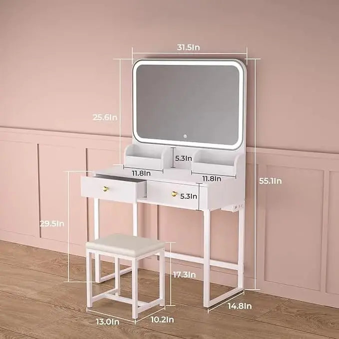 Vanity Desk with Mirror and Lights – LED Makeup Vanity Table Set with Chair, 2 Drawers, 2 Trays, Power Outlet, CRI>90, 7000 Lux Lighted Mirror for Dressing Room or Bedroom