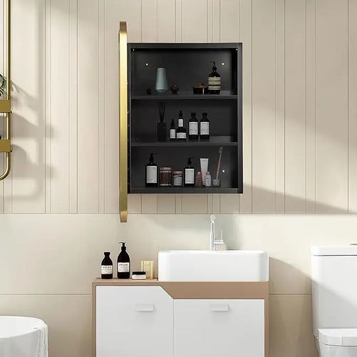 Bathroom Vanity Medicine Cabinet with Mirror – Small Brushed Brass, Stainless Steel Frame, Rounded Rectangle, Adjustable Shelves, Recessed or Surface Mount for Modern Storage