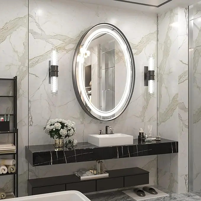 Dimmable LED Oval Mirror – Framed Frontlit Vanity Mirror for Bathroom, Bedroom, Living Room with 3 Color Options, CRI 90+, Wall-Mounted Illuminated Lighted Mirror for Modern
