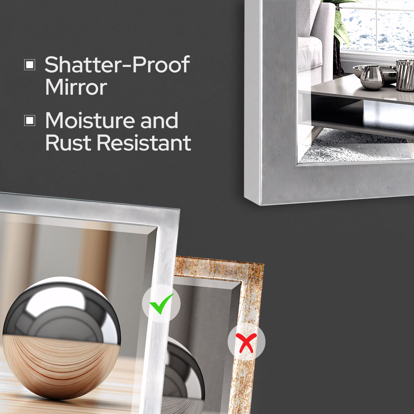 30 x 40 Brushed Nickel Bathroom Mirror – Modern Rectangular Wall Mirror for Vanity