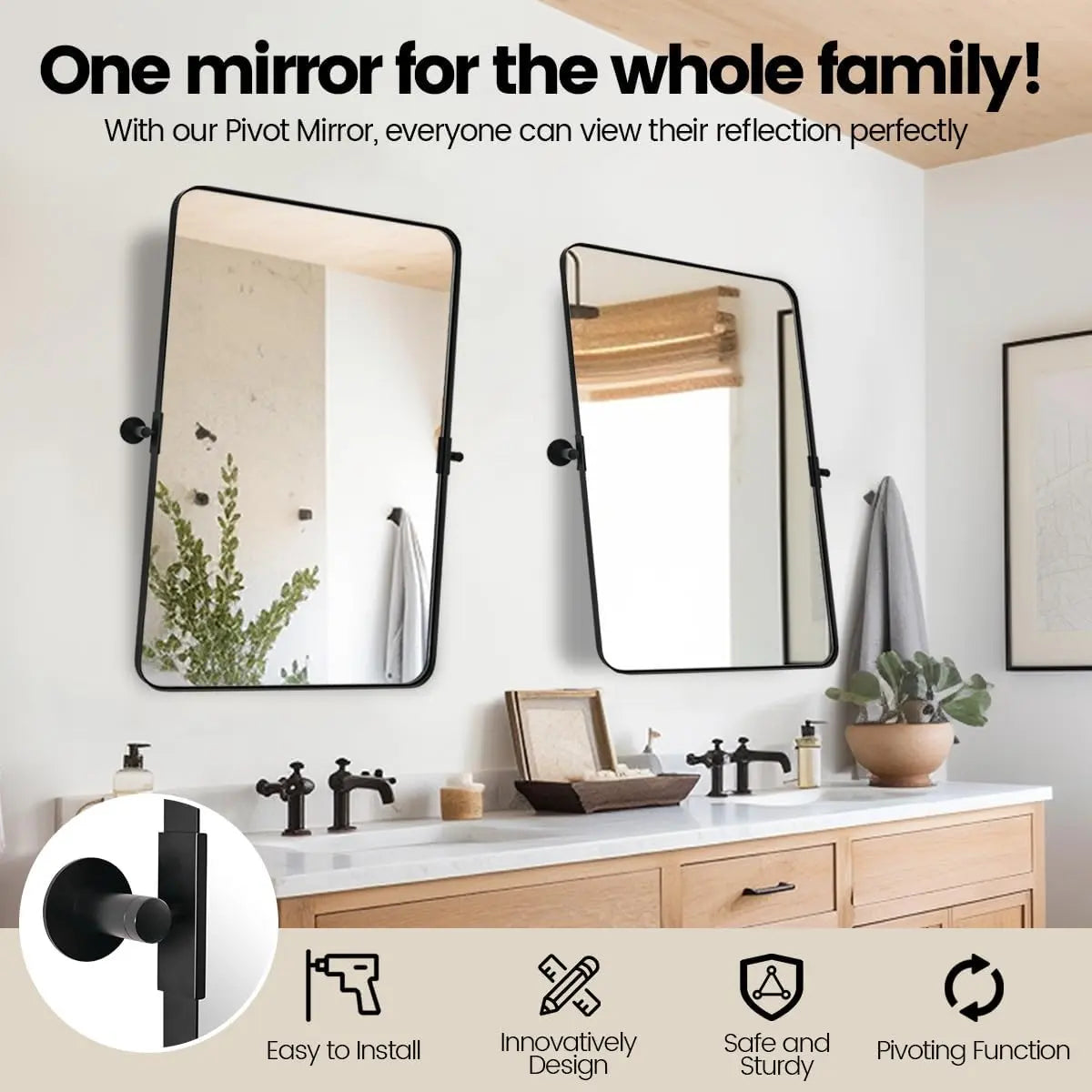 Pivot Rectangle Metal Framed Vanity Mirror – Modern Farmhouse Adjustable Tilting, Beveled Rounded Corner, Rectangular Wall Mirror, Horizontal/Vertical Mount for Bathroom
