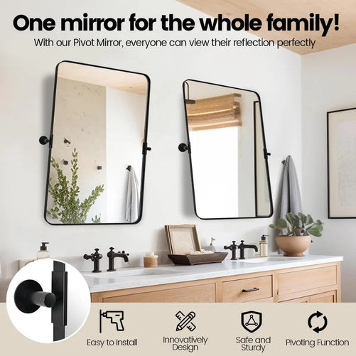 Pivot Rectangle Metal Framed Vanity Mirror – Modern Farmhouse Adjustable Tilting, Beveled Rounded Corner, Rectangular Wall Mirror, Horizontal/Vertical Mount for Bathroom