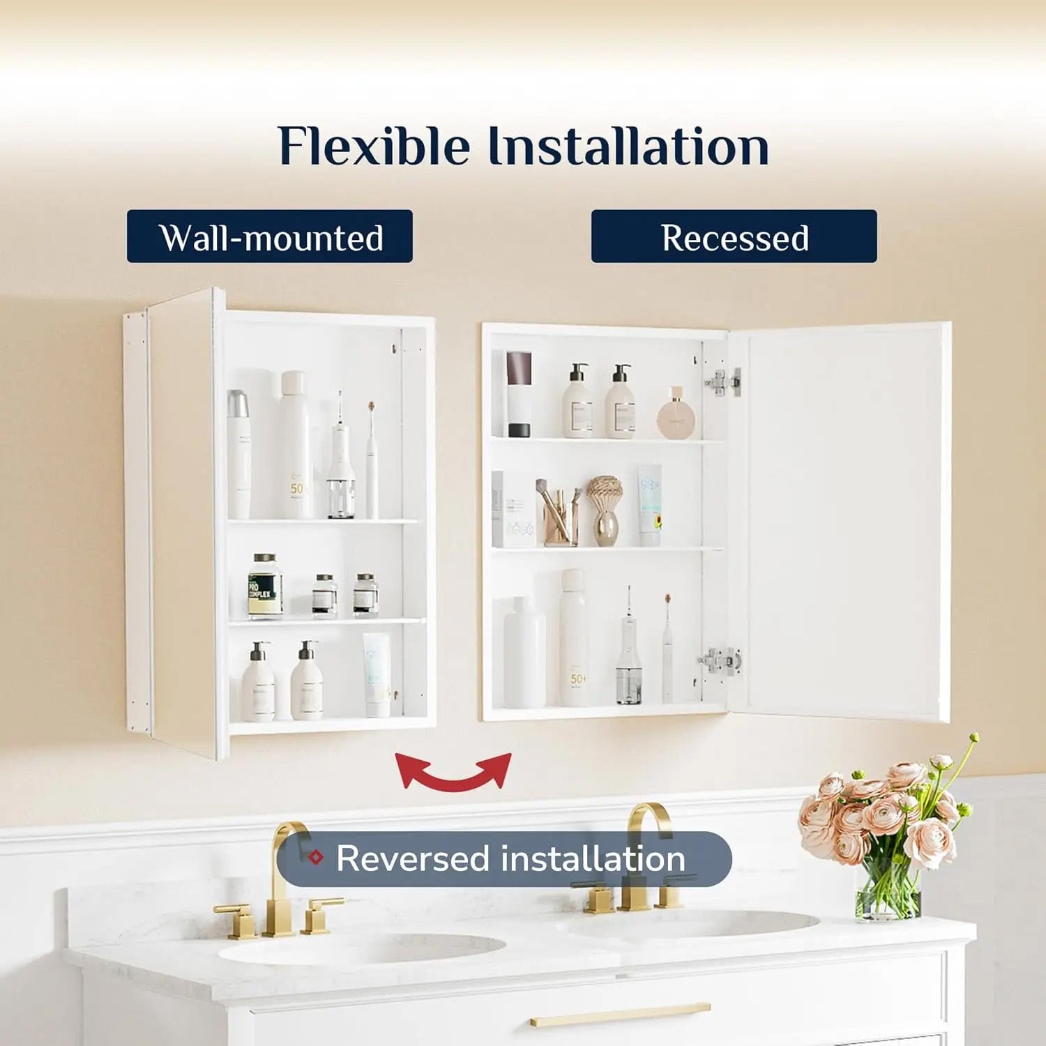 Sleek Medicine Cabinet Mirror with Storage – Aluminum, Tempered Glass, Adjustable Shelves, Surface Mount/Recessed – Modern Farmhouse Style for Bathroom Vanity, Bedroom, and More