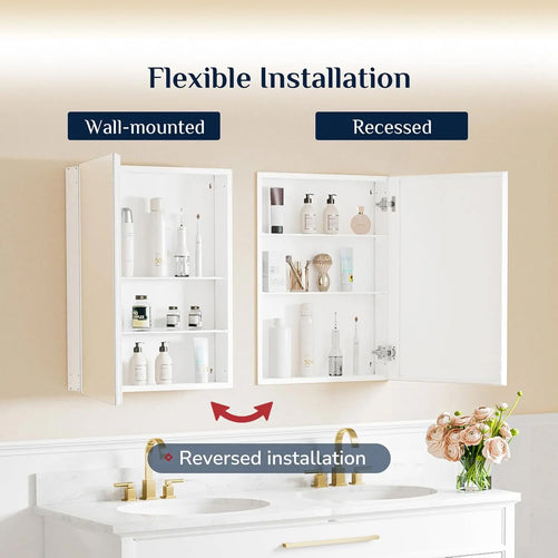 Sleek Medicine Cabinet Mirror with Storage – Aluminum, Tempered Glass, Adjustable Shelves, Surface Mount/Recessed – Modern Farmhouse Style for Bathroom Vanity, Bedroom, and More
