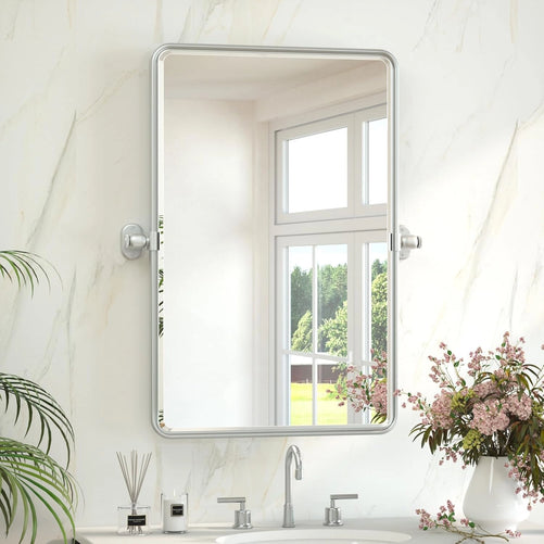 Pivot Rectangle Metal Framed Vanity Mirror – Modern Farmhouse Adjustable Tilting, Beveled Rounded Corner, Rectangular Wall Mirror, Horizontal/Vertical Mount for Bathroom
