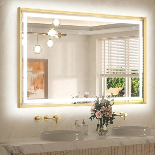 Bathroom LED Mirror with Metal Frame – Frontlit & Backlit Vanity Mirror, Anti-Fog, Stepless Dimmable, 3 Color Temperatures (White/Warm/Natural), Wall-Mounted