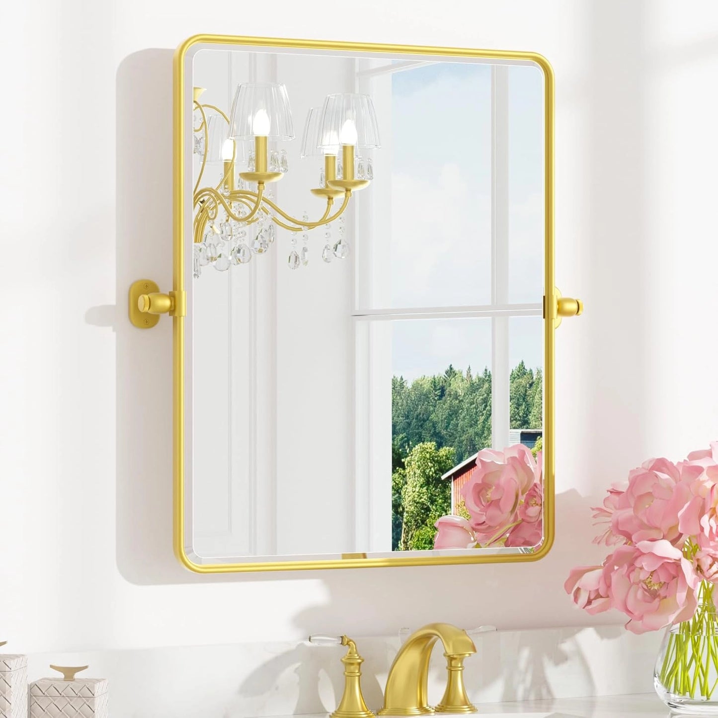 Pivot Rectangle Metal Framed Vanity Mirror – Modern Farmhouse Adjustable Tilting, Beveled Rounded Corner, Rectangular Wall Mirror, Horizontal/Vertical Mount for Bathroom