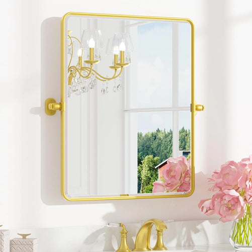 Pivot Rectangle Metal Framed Vanity Mirror – Modern Farmhouse Adjustable Tilting, Beveled Rounded Corner, Rectangular Wall Mirror, Horizontal/Vertical Mount for Bathroom
