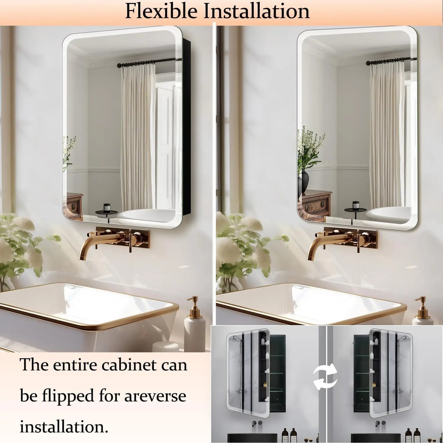 Frameless Bathroom Medicine Cabinet with Mirror - Rectangular Beveled Vanity Mirrors with Tilting Function, with Surface or Recessed Mounting Installation