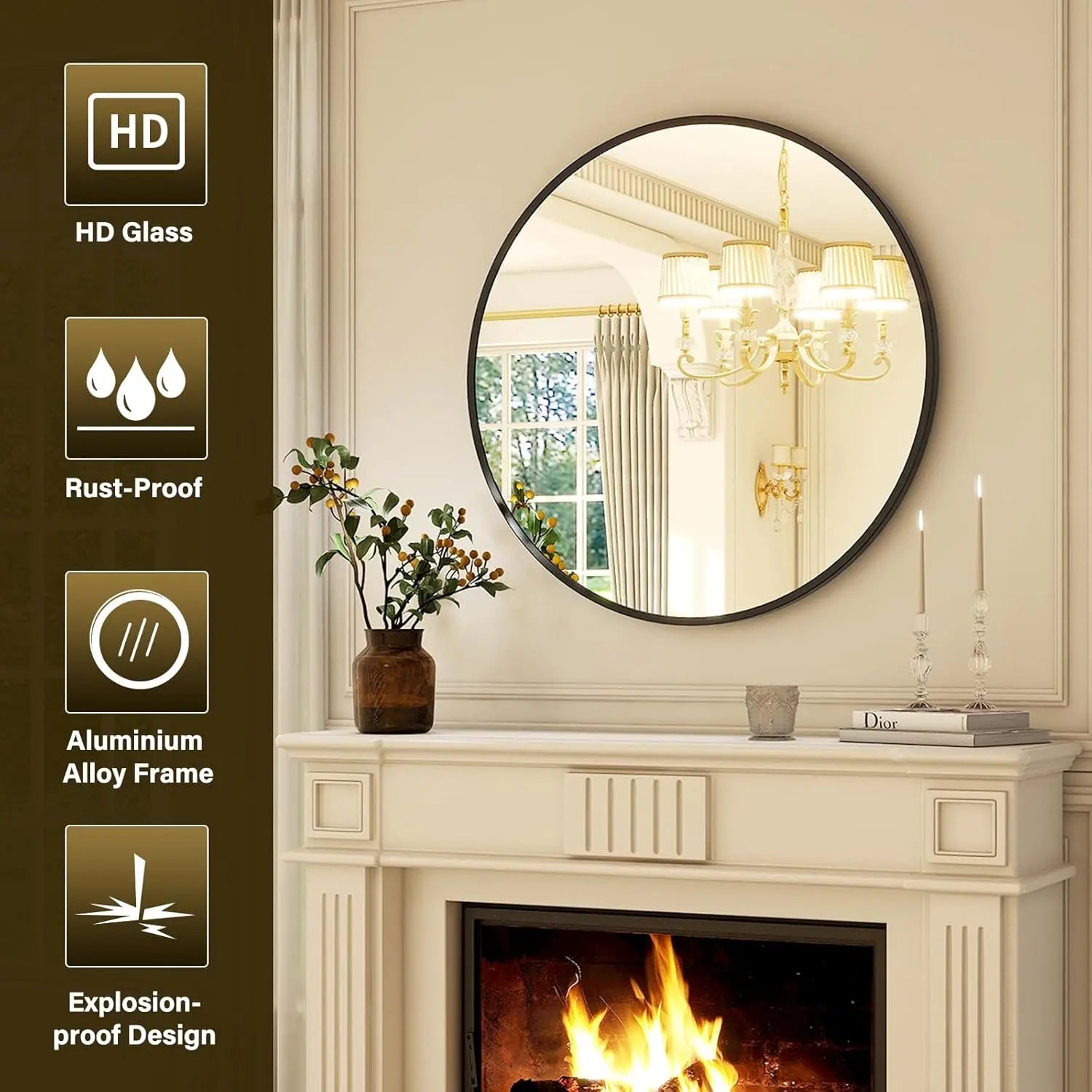Modern Round Bathroom Wall Mirror – Sleek Minimalist Design with Brushed Matte Aluminum Alloy Frame, Non-Rusting, Perfect for Vanity, Bedroom, or Entryway Home Décor
