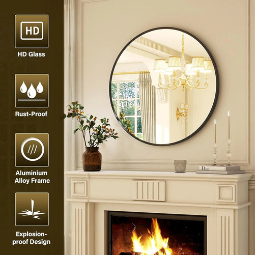 Modern Round Bathroom Wall Mirror – Sleek Minimalist Design with Brushed Matte Aluminum Alloy Frame, Non-Rusting, Perfect for Vanity, Bedroom, or Entryway Home Décor