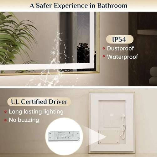 Bathroom LED Mirror with Metal Frame – Frontlit & Backlit Vanity Mirror, Anti-Fog, Stepless Dimmable, 3 Color Temperatures (White/Warm/Natural), Wall-Mounted