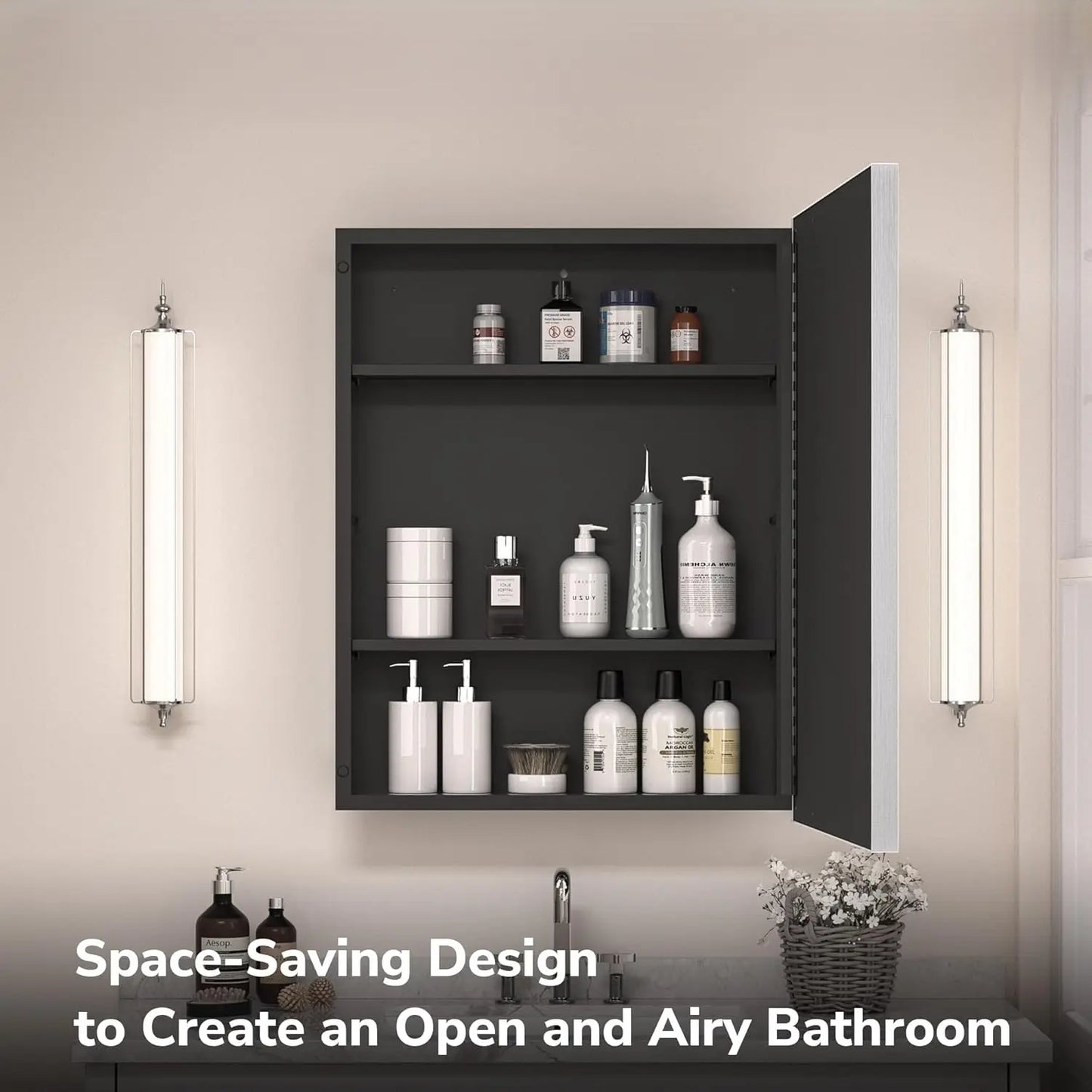 Modern Bathroom Vanity Mirror with Storage – Beveled Metal Frame, Aluminum Alloy Medicine Cabinet with Adjustable Shelves – Ideal for Bathroom, Living room Organization and Stylish Décor