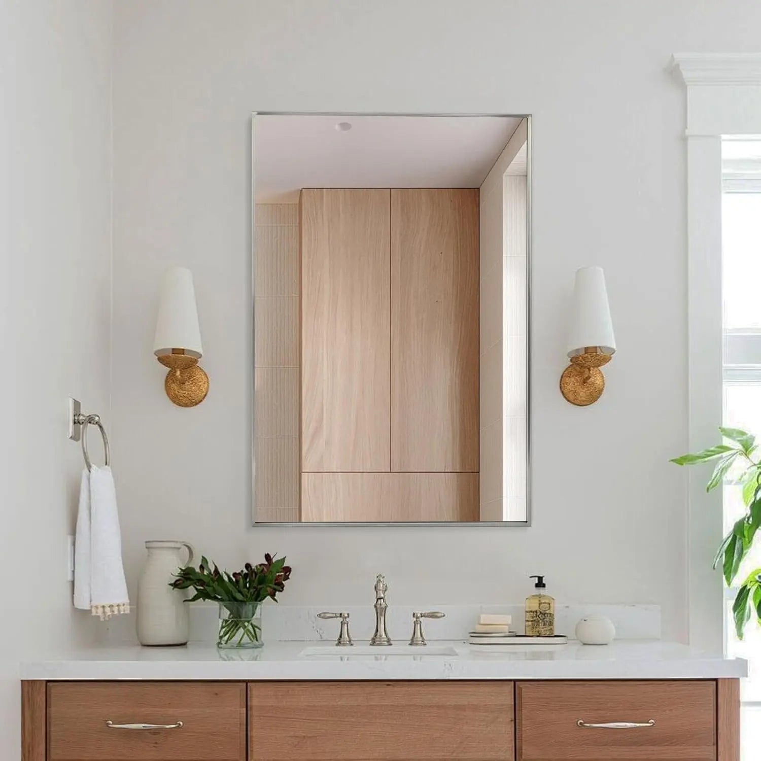 Spectrum Modern Rectangular Mirror with Brushed Nickel Stainless Steel Frame – Elegant Wall Mirror for Bathroom Vanity, Over Sink, Living Room, or Entryway – Stylish Décor for Modern Spaces