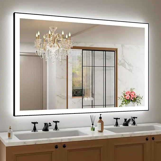 LED Bathroom Vanity Mirror with Frame – Front & Backlit, Aluminum Rectangle, Beveled Edge, 3-Color Stepless Dimmable, Anti-Fog, Memory Function, Wall-Mounted Lighted Mirror