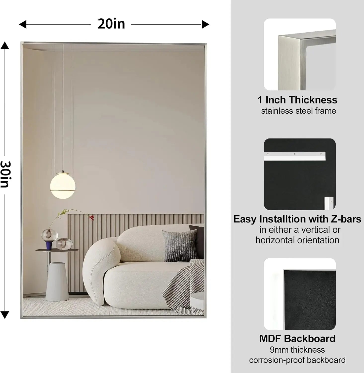 Spectrum Modern Rectangular Mirror with Brushed Nickel Stainless Steel Frame – Elegant Wall Mirror for Bathroom Vanity, Over Sink, Living Room, or Entryway – Stylish Décor for Modern Spaces