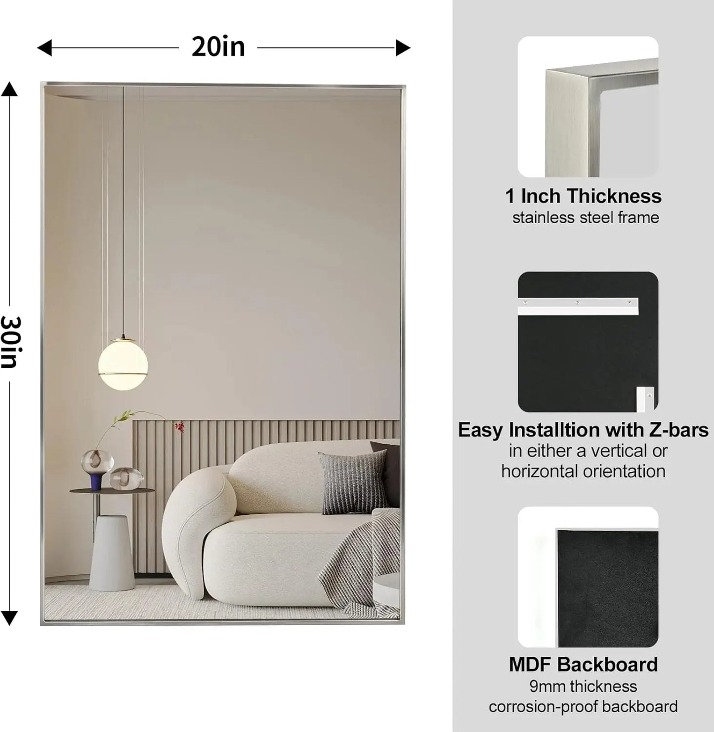 Spectrum Modern Rectangular Mirror with Brushed Nickel Stainless Steel Frame – Elegant Wall Mirror for Bathroom Vanity, Over Sink, Living Room, or Entryway – Stylish Décor for Modern Spaces