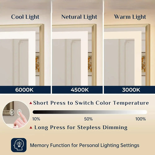 Bathroom LED Mirror with Metal Frame – Frontlit & Backlit Vanity Mirror, Anti-Fog, Stepless Dimmable, 3 Color Temperatures (White/Warm/Natural), Wall-Mounted