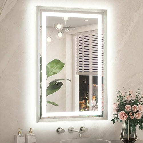 Bathroom LED Mirror with Metal Frame – Frontlit & Backlit Vanity Mirror, Anti-Fog, Stepless Dimmable, 3 Color Temperatures (White/Warm/Natural), Wall-Mounted