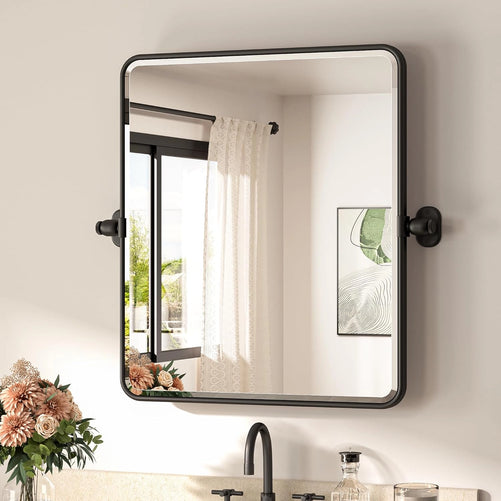 Pivot Rectangle Metal Framed Vanity Mirror – Modern Farmhouse Adjustable Tilting, Beveled Rounded Corner, Rectangular Wall Mirror, Horizontal/Vertical Mount for Bathroom