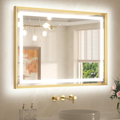 Bathroom LED Mirror with Metal Frame – Frontlit & Backlit Vanity Mirror, Anti-Fog, Stepless Dimmable, 3 Color Temperatures (White/Warm/Natural), Wall-Mounted