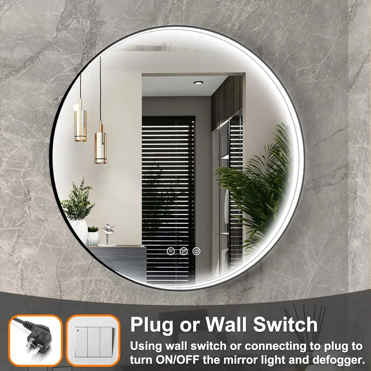 Round LED Bathroom Mirror with Lights – Dimmable Wall-Mounted Vanity Mirror, 3000K/4500K/6000K, Touch Switch, Metal Frame, Front-Lighted for Modern Bathroom Décor