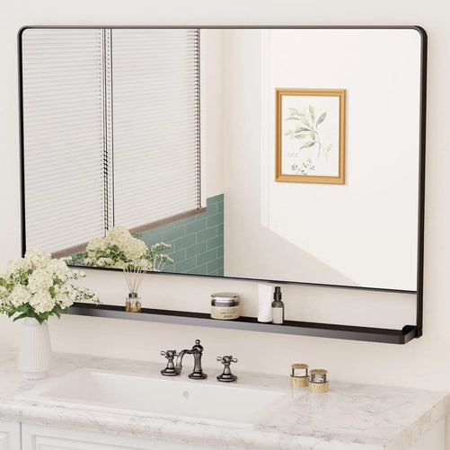 Metal Framed Vanity Mirror with Shelf – Rounded Rectangle Wall Mirror, Functional & Stylish for Bathroom, Farmhouse, Living Room, or Bedroom, Perfect Accent for Modern Home Décor