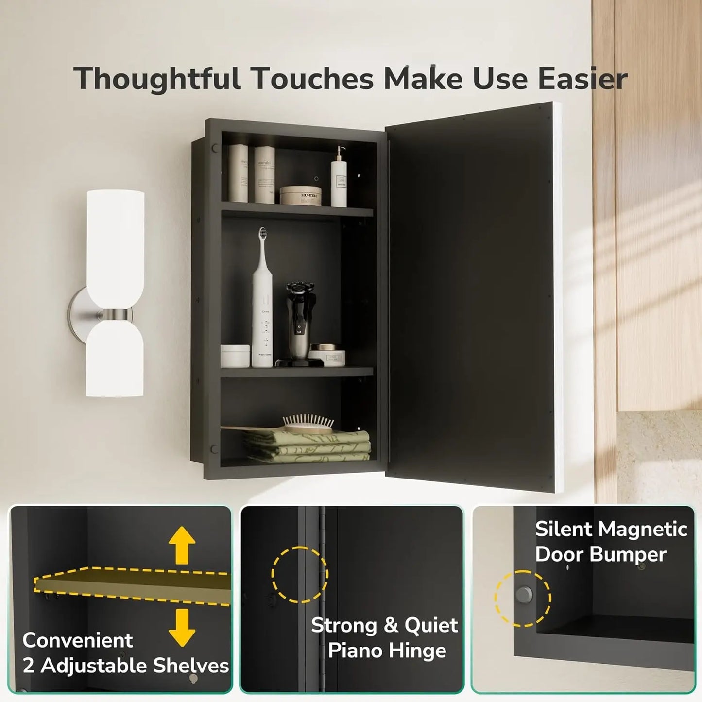 Modern Bathroom Vanity Mirror with Storage – Beveled Metal Frame, Aluminum Alloy Medicine Cabinet with Adjustable Shelves – Ideal for Bathroom, Living room Organization and Stylish Décor