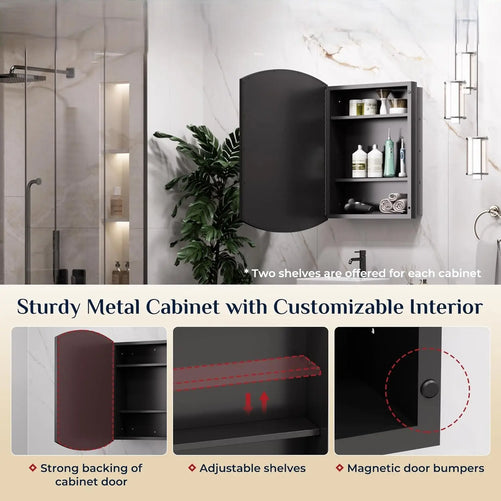 Bathroom Medicine Cabinet with Beveled Mirror – Arched Design, Recessed or Wall-Mounted – Metal Modern Cabinet with Storage – Stylish & Functional Organizer for Bathroom