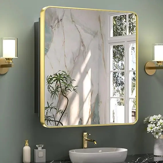 Bathroom Vanity Medicine Cabinet with Mirror – Small Brushed Brass, Stainless Steel Frame, Rounded Rectangle, Adjustable Shelves, Recessed or Surface Mount for Modern Storage