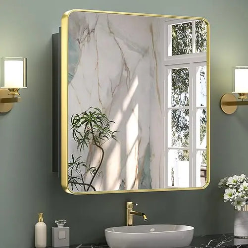 Bathroom Vanity Medicine Cabinet with Mirror – Small Brushed Brass, Stainless Steel Frame, Rounded Rectangle, Adjustable Shelves, Recessed or Surface Mount for Modern Storage